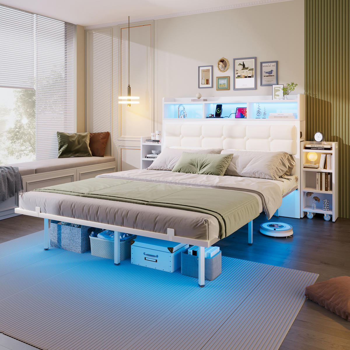 DOPPELBETT 140/190 cm Weiß mit LED-Beleuchtung und USB-Ladefunktion aus Metall - Weiß, Metall (140/190cm) - OKWISH