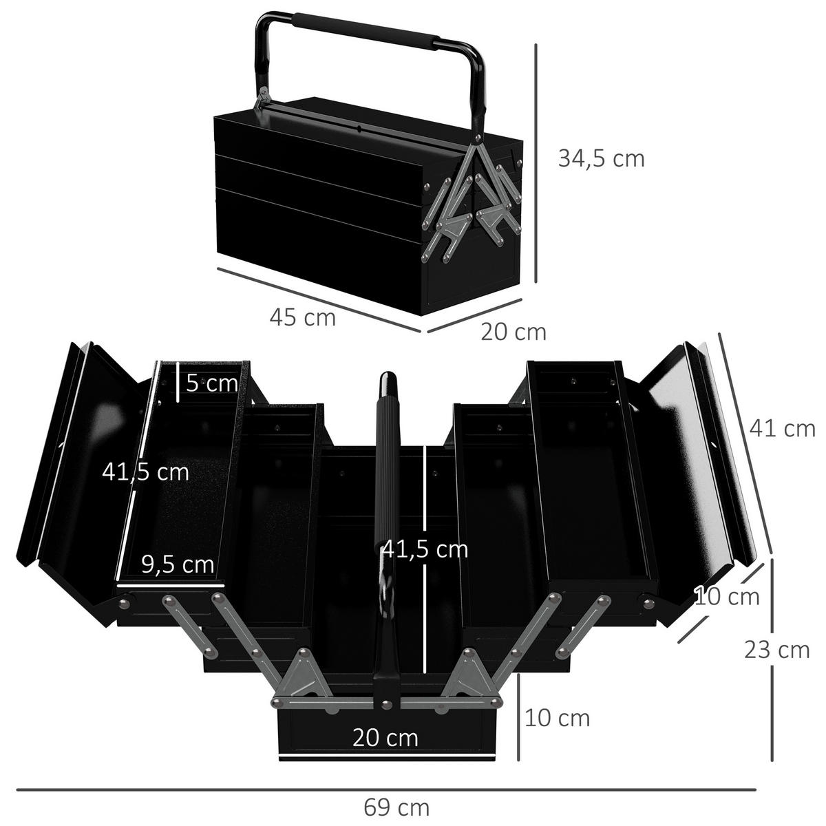 WERKZEUGKASTEN DE-18490 3 Ebenen mit 5 ausziehbaren Ablagen Schwarz - Schwarz, Metall (20/34.5/45cm) - ComfortXL