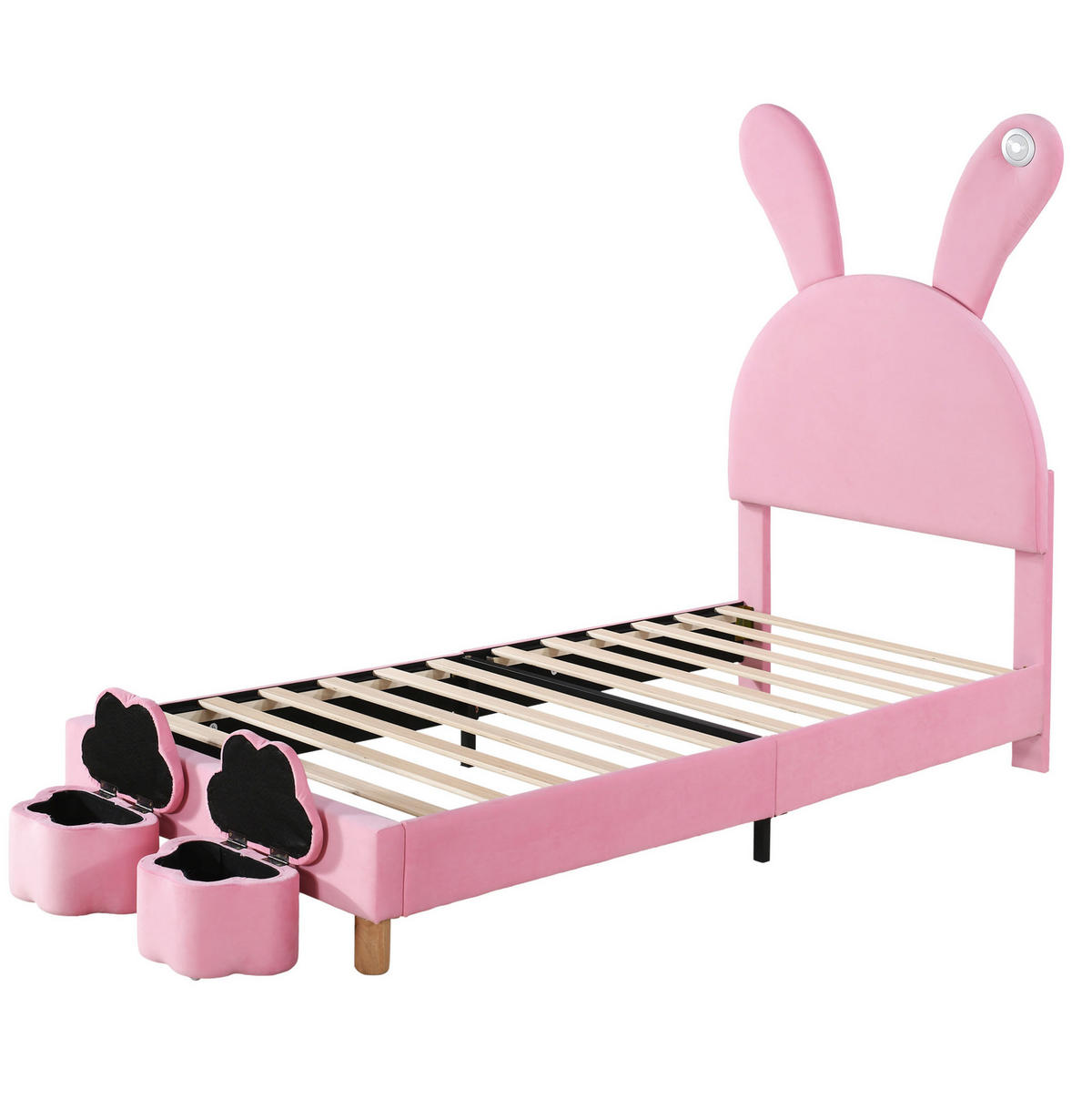 POLSTERBETT 90/200 cm mit 2 Stauraumbänken, LED-Beleuchtung und klappbaren Hasenohren aus französischem Samt, Rosa - Rosa, Textil (90/200cm) - Redom