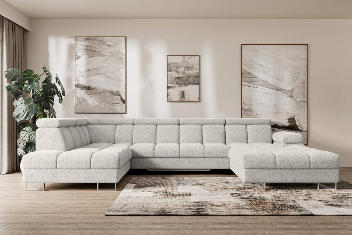 WOHNLANDSCHAFT mit Schlaffunktion und Bettkasten Ottomane Links COMA U 345x203x79 Hellgrau Velours - Hellgrau, Holzwerkstoff/Textil (345/79/203cm) - ALTDECOR
