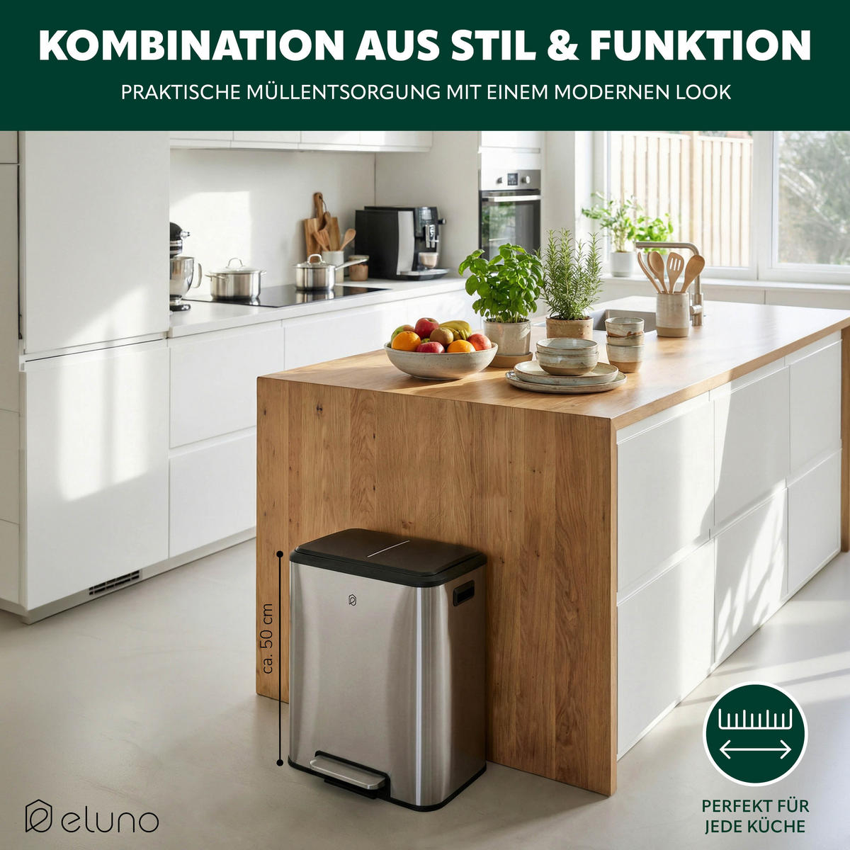 ABFALLEIMER je 15 Liter, silber - Edelstahlfarben, Metall (42.5/50/33.5cm) - eluno