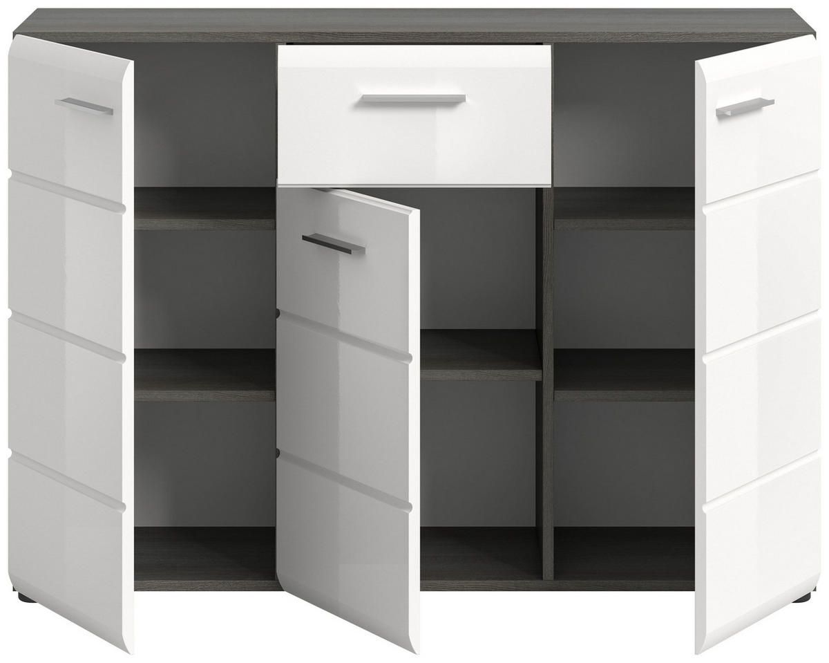 KOMMODE SALSA (B/H/T: ca. 120/85/37 cm) in Rauchsilber Nachbildung/weiß hochglanz - Silberfarben, Holzwerkstoff (120/85/37cm)