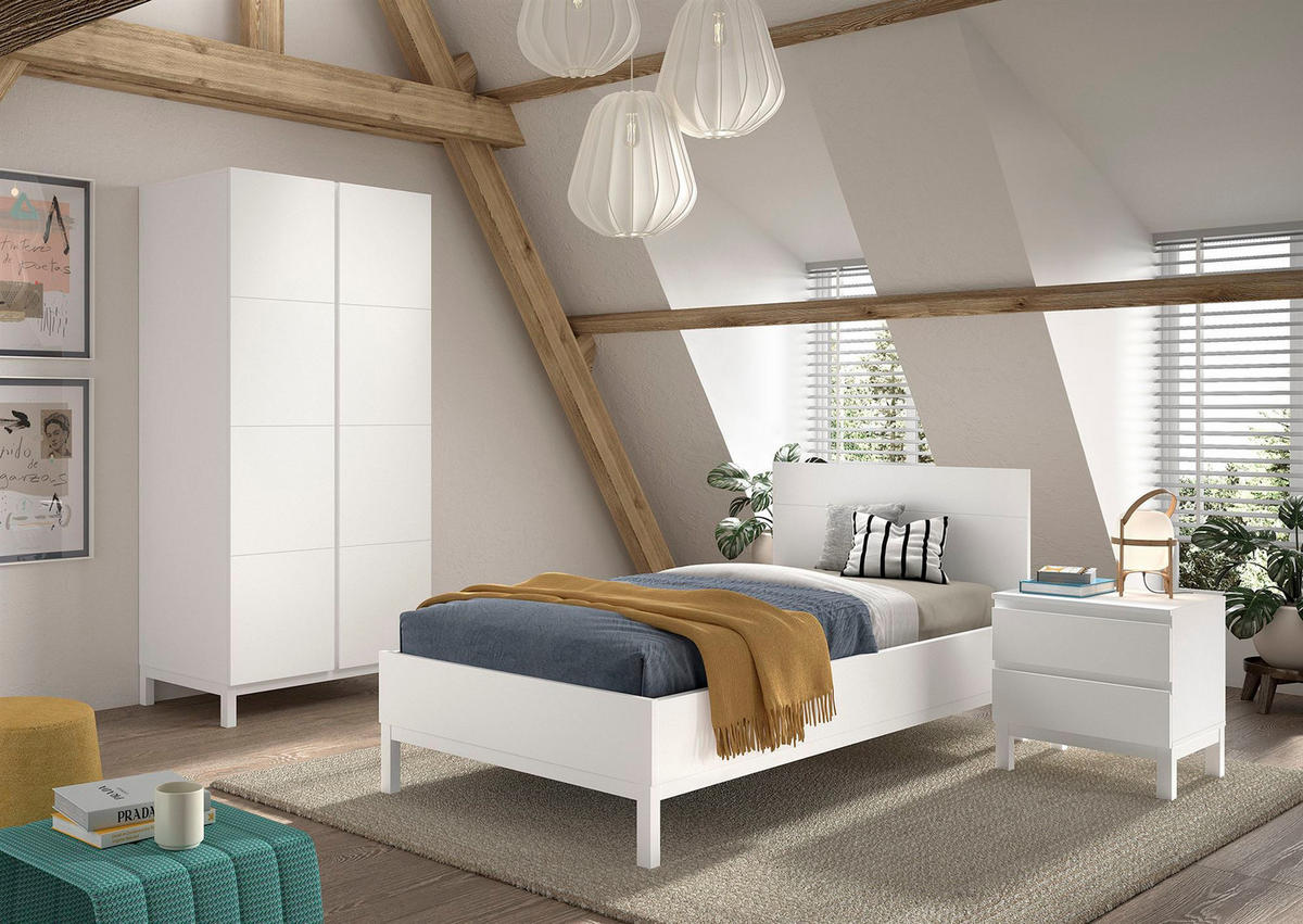 EINZELBETT Keely 90x200 weiß MDF Kiefer inkl. Nachtkonsole & Schrank - Weiß, Holz (90/200cm) - 58aufmkessel