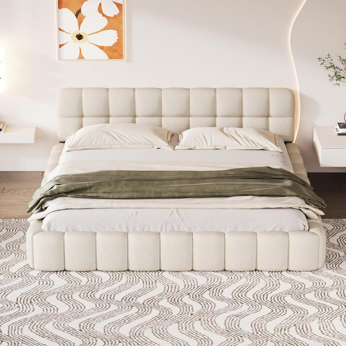 POLSTERBETT 160/200cm, mit Kopfteil in Form von Marshmallows, lattenrost, Doppelbett aus Leinen - Beige - Beige, Textil (160/200cm) - Waldena