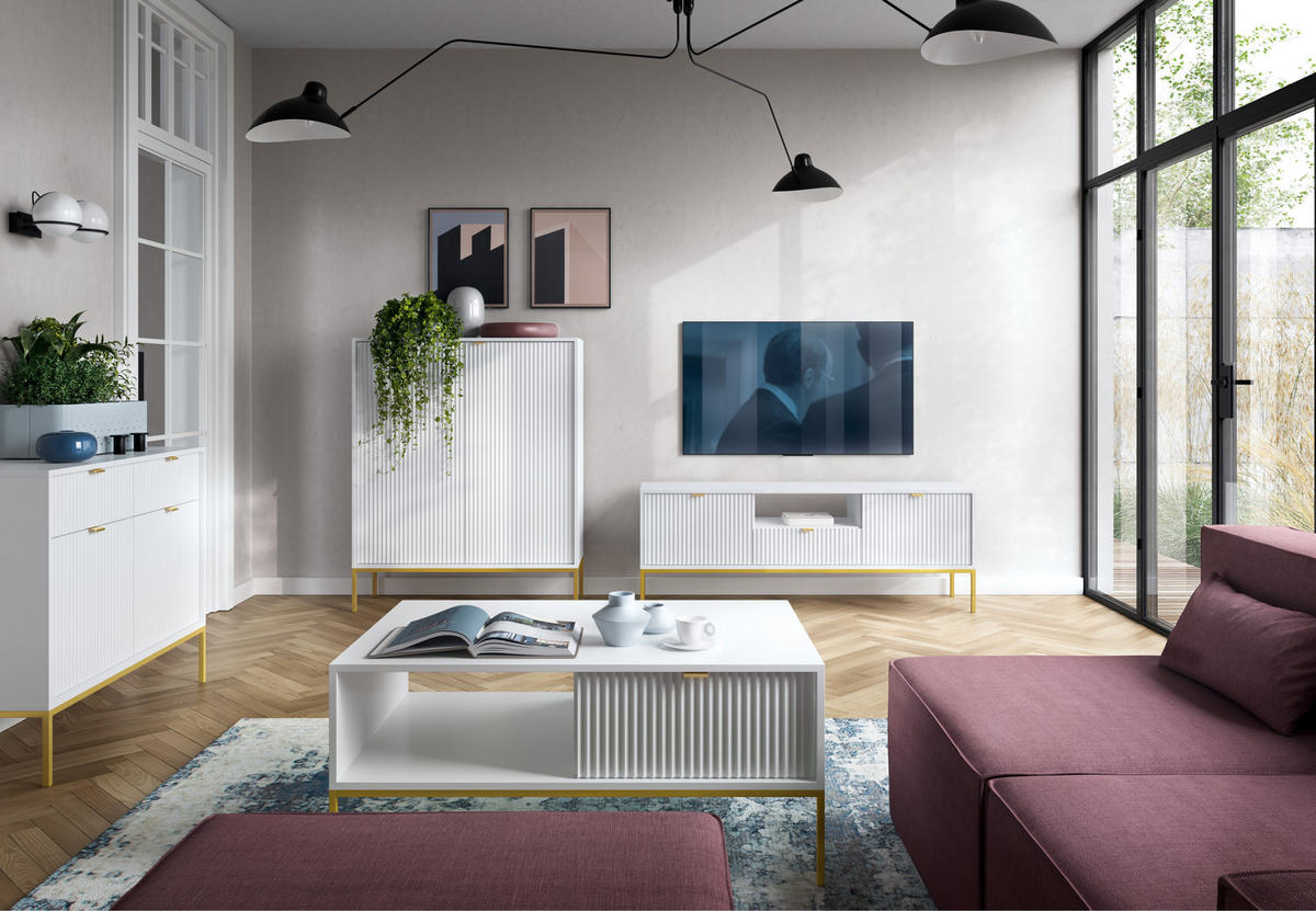 SIDEBOARD Eternas 3T 3S Weiß 154/83/39 cm – goldene Füße, mit geriffelten Fronten - Goldfarben/Weiß, Holzwerkstoff (154/83/39cm) - AX Living