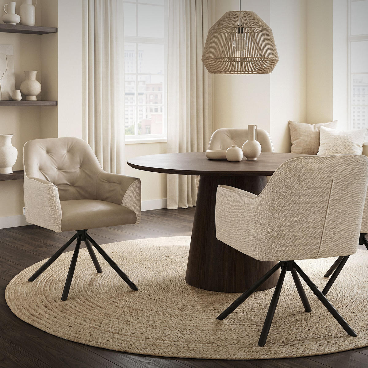 ESSZIMMERSTÜHLE 2er Set drehbar Küchenstühle gepolstert aus Webstoff-Kunstleder Beige - Beige/Schwarz, Textil/Metall (62/87/65cm) - ML-DESIGN