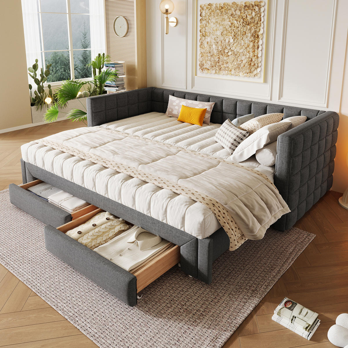 BETT mit Kopfteil 90/200 cm, ausziehbar auf 180 cm, mit 2 Schubladen, grau - Grau, Textil (90/200cm) - BEAOK