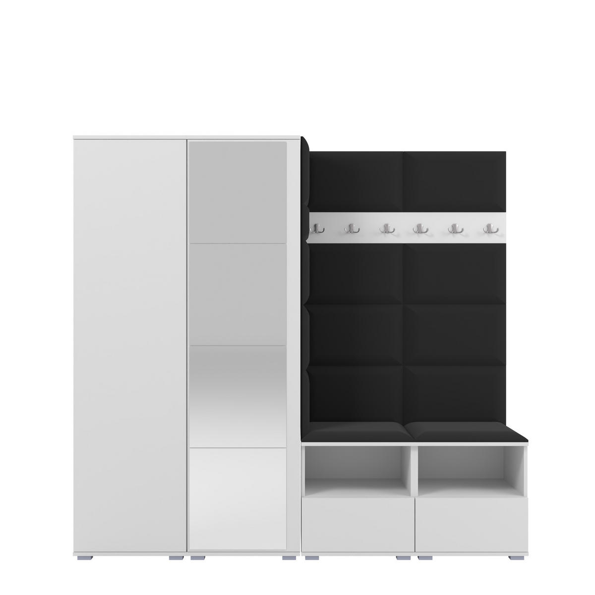 GARDEROBE NELA VI 200 cm (Kompaktgarderobe Weiß mit Spiegel & Sitzpolster Schwarz 16 Schrank & Paneel) - Silberfarben/Schwarz, Holz/Holzwerkstoff (200/187/40cm) - Ravio