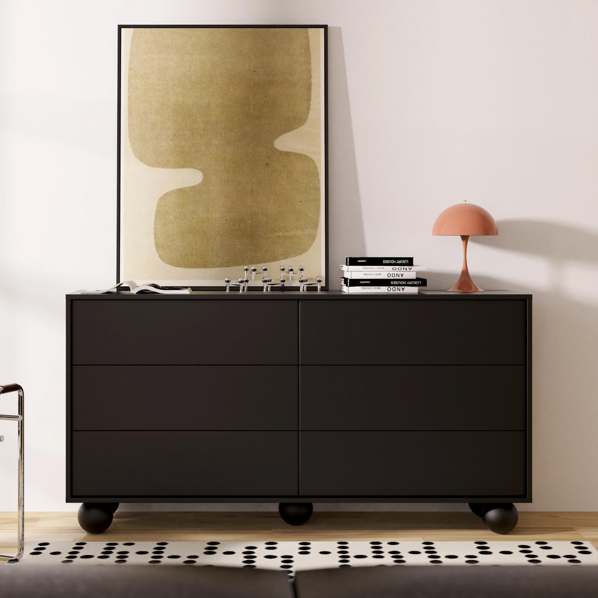 KOMODA Adel se 6 zásuvkami a kulatými nožkami, 154 cm, bezúchytková, černá - černá, kompozitní dřevo (154/81/38cm) - Beautysofa