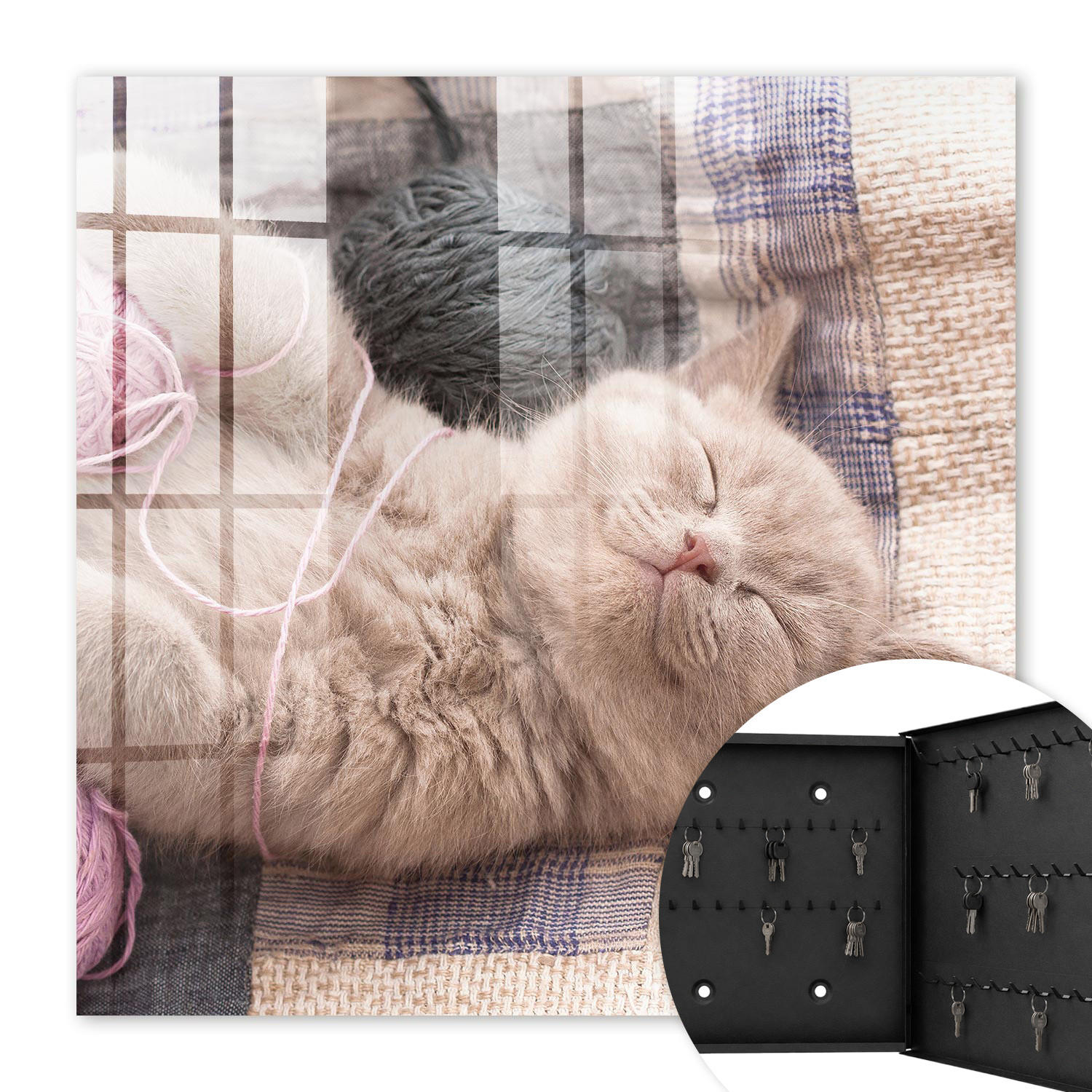 SCHLÜSSELBOX Schwarz 30x30 cm- Türöffnung nach rechts - Schlafendes Kätzchen - Beige, Metall (30/30/5cm) - TULUP