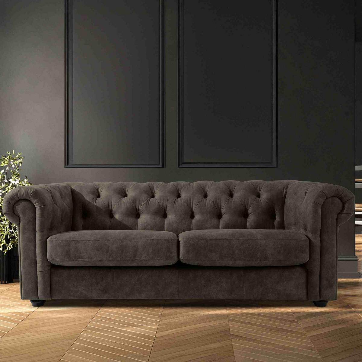3-SITZER-SOFA GRAVO Chesterfield, Kunstleder - Wengefarben/Graphitfarben, Leder/Holz (202/72/95cm) - KONSIMO®
