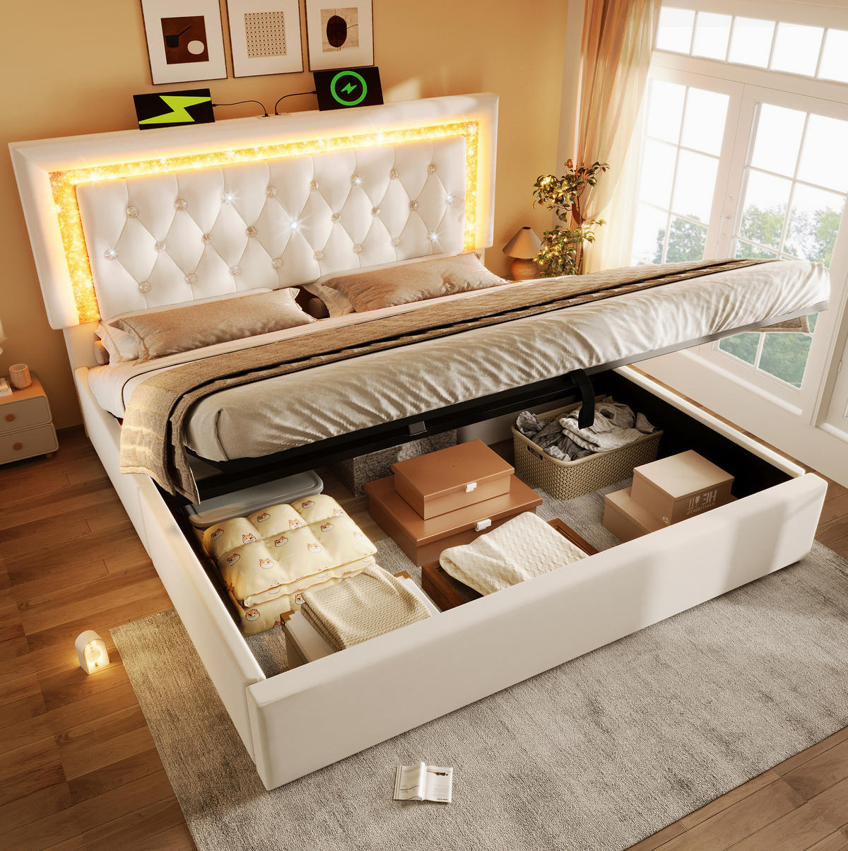 BETT mit LED und Stauraum 140x200 cm Samt Beige inkl. Matratze - Beige, Metall (140/200cm) - Meubliv