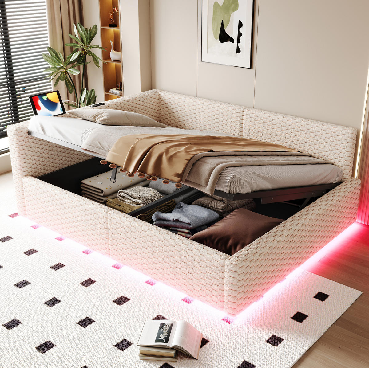 POLOHOVACÍ postel 140/200 cm béžová ze sametu s LED osvětlením a USB-C portem - béžová, kompozitní dřevo (140/200cm) - OKWISH
