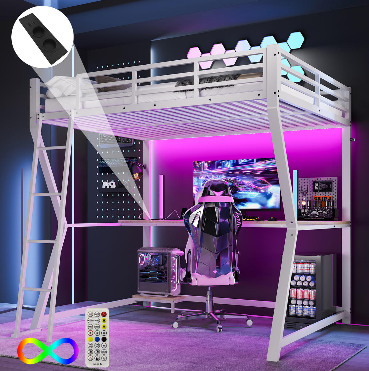 HOCHBETT 140/200 cm weiß mit LED-Leuchten und Schreibtisch mit Matratze - Weiß, Metall (140/200cm) - OKWISH