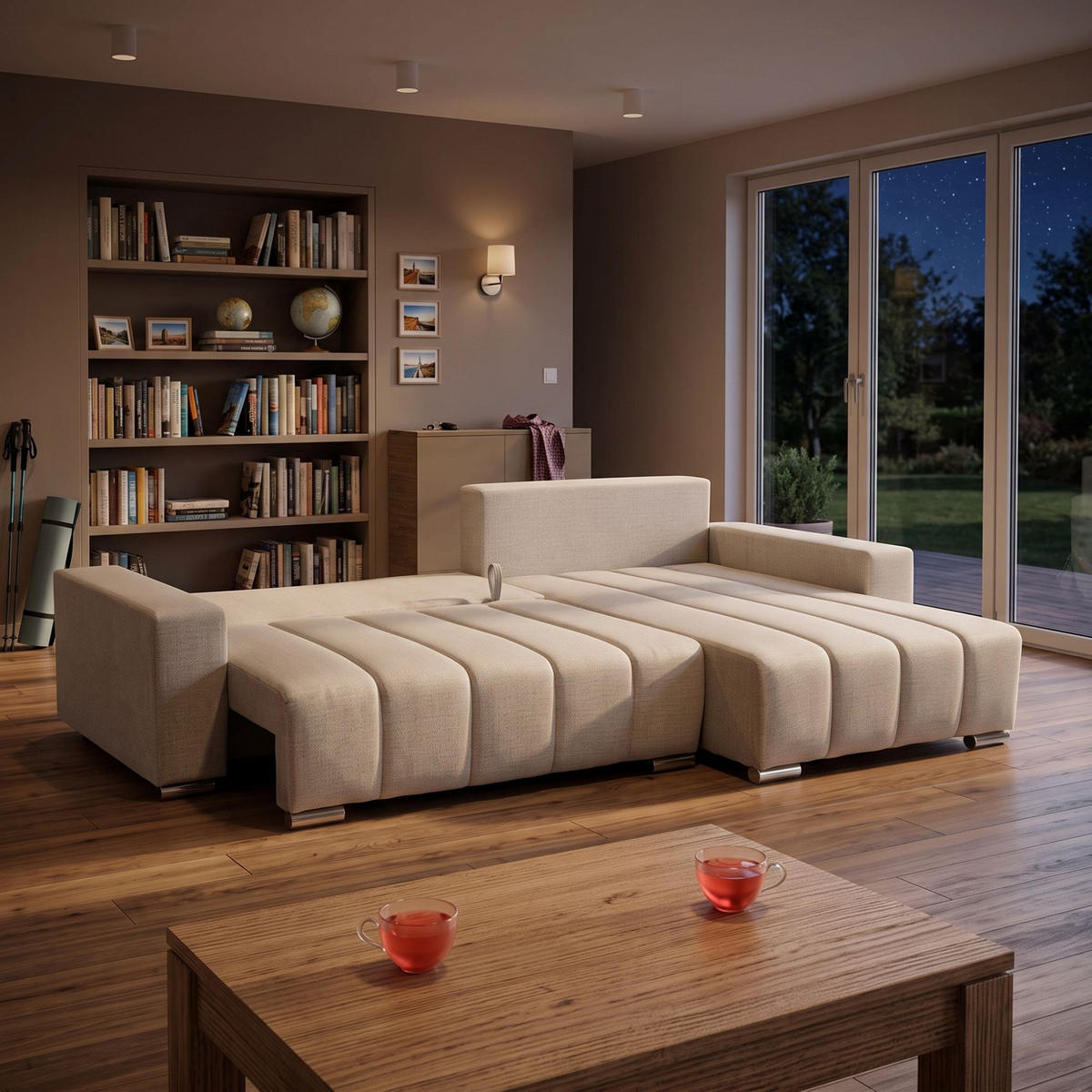 ECKSOFA Piano L Rechts mit Schlaffunktion 137x234 Velours Creme - Silberfarben/Creme, Holz/Textil (178/278cm) - Muffo