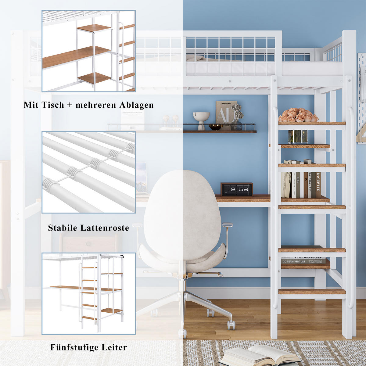 ETAGENBETT 90/200 cm weiß aus Metall mit Tisch und Regalen - Weiß, Metall (90/200cm) - OKWISH