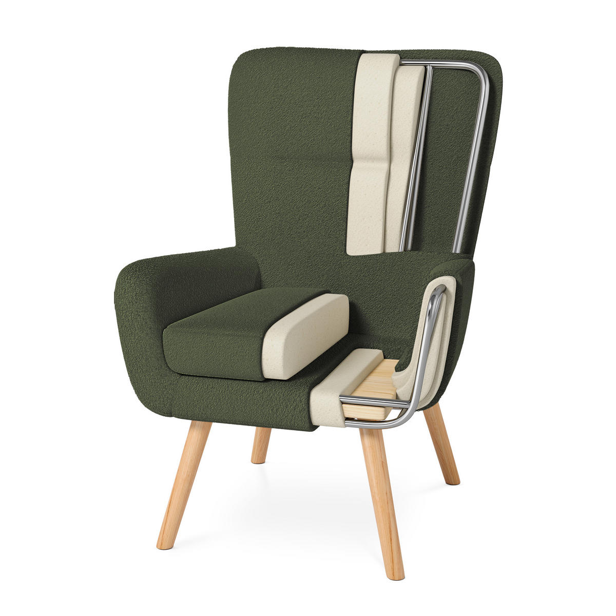 SESSEL Gaïa Moderner skandinavischer aus khakifarbenem Frotteestoff - Akaziefarben/Grün, Holz/Textil (66.5/98/80.5cm) - Sicaan