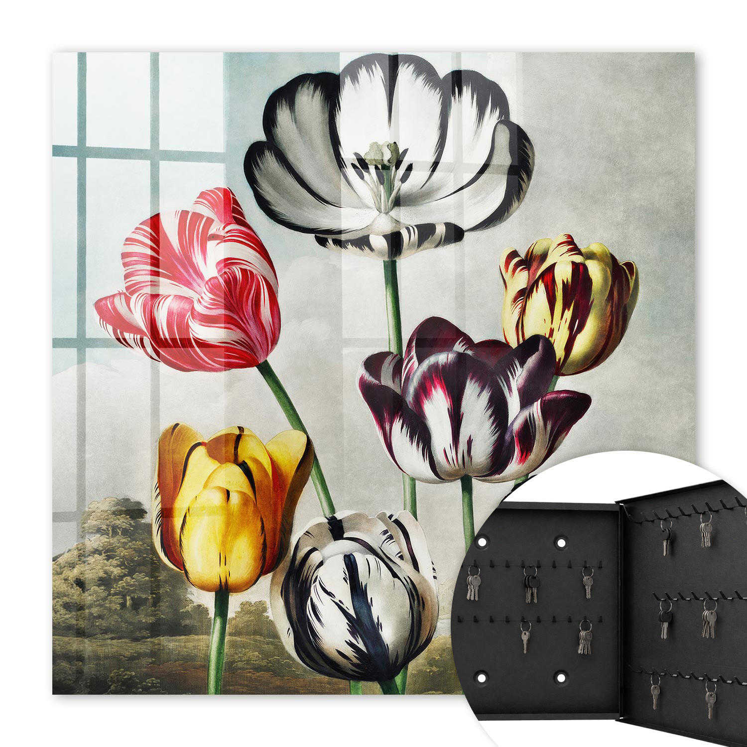 SCHLÜSSELBOX Schwarz 30x30 cm- Türöffnung nach rechts - Retro-Tulpen - Rot, Metall (30/30/5cm) - TULUP