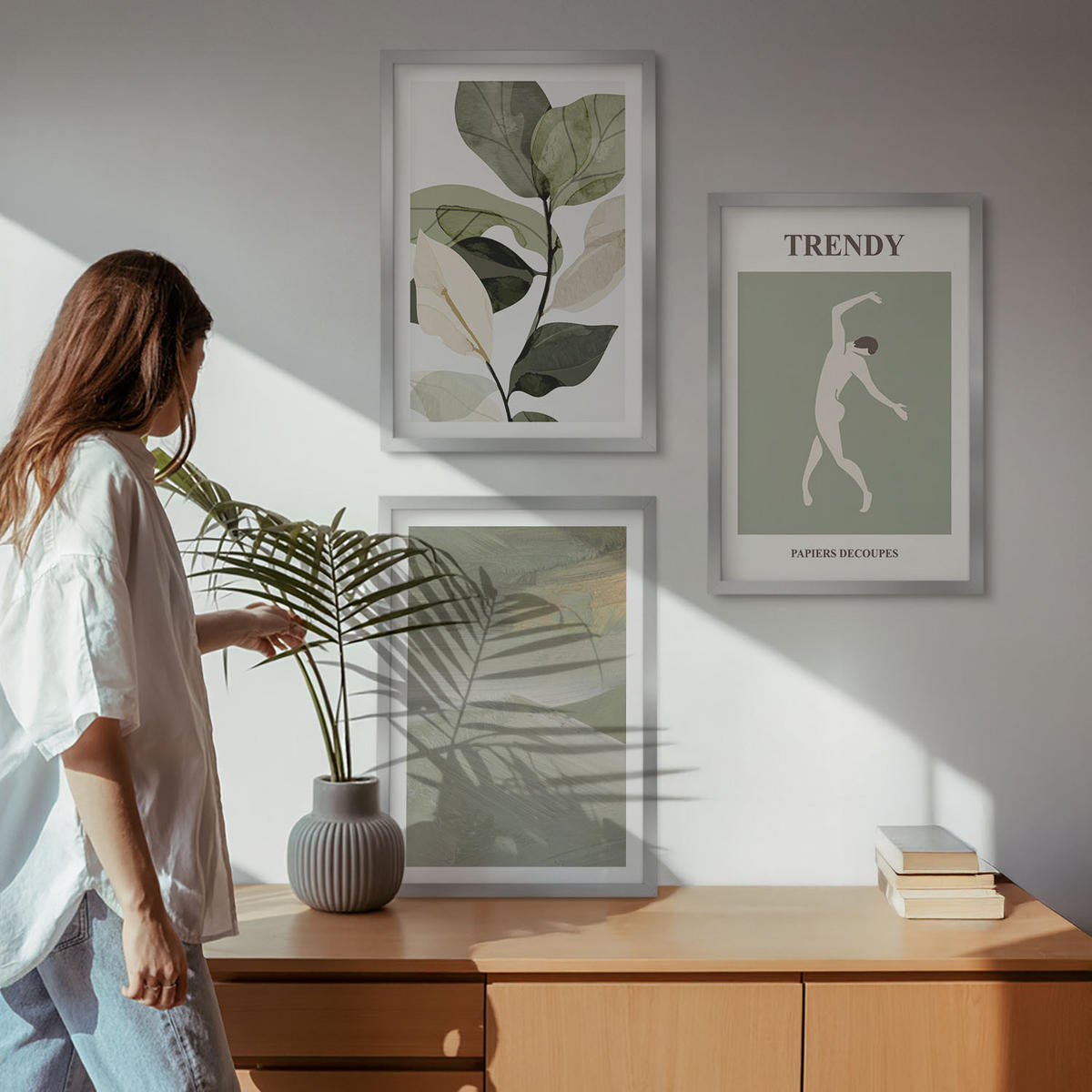 BILDER SET 3er Set - 40x60 cm Silberner Rahmen - Abstrakte Pflanzensilhouettenmuster - Silberfarben, Kunststoff (40/60cm) - TULUP