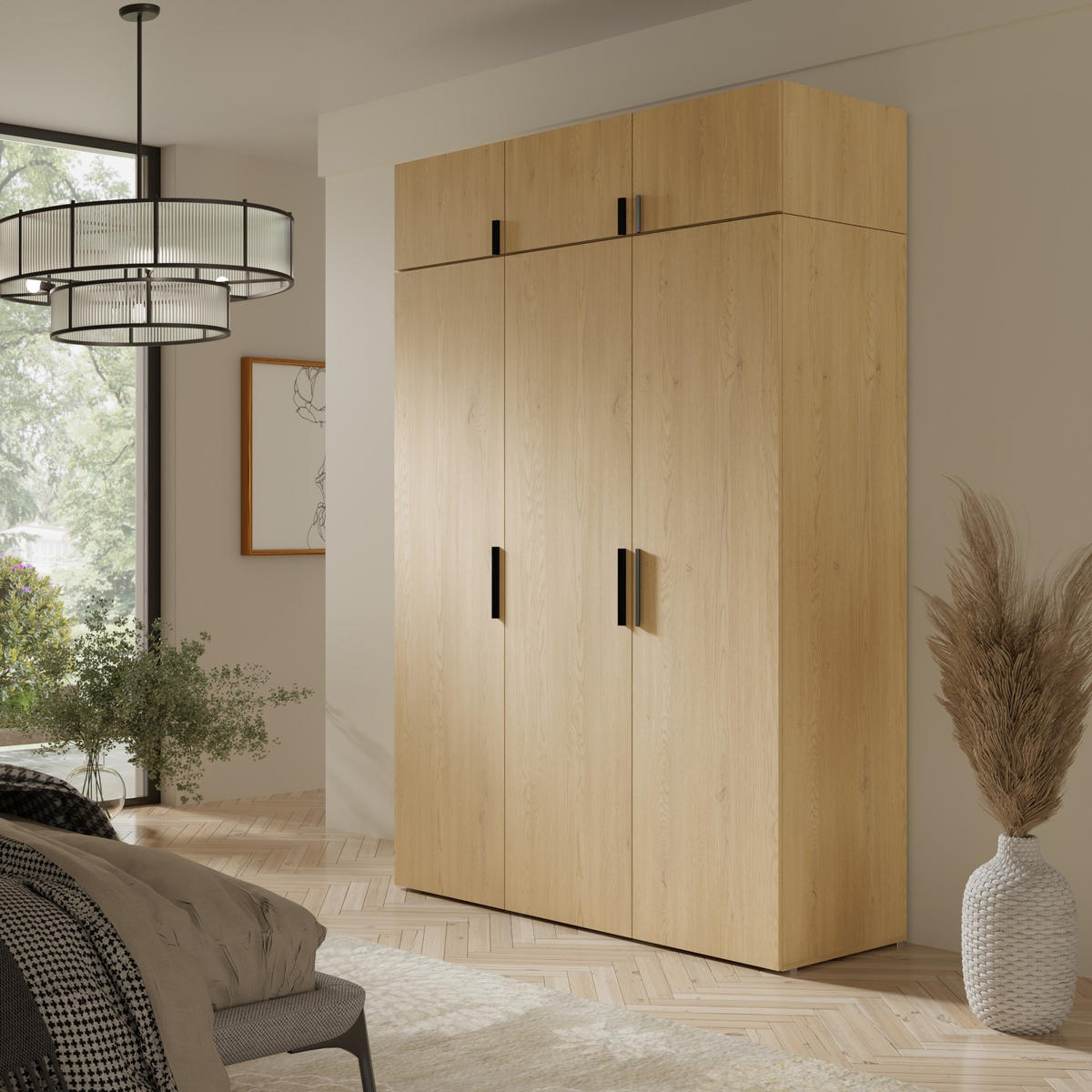 DREHTÜRENSCHRANK mit Aufsatz Napoli 3D 150 Eiche Cremona (schwarzer oder goldener Griff) - Eichefarben/Silberfarben, Holzwerkstoff/Kunststoff (150/35/60cm) - mzm24