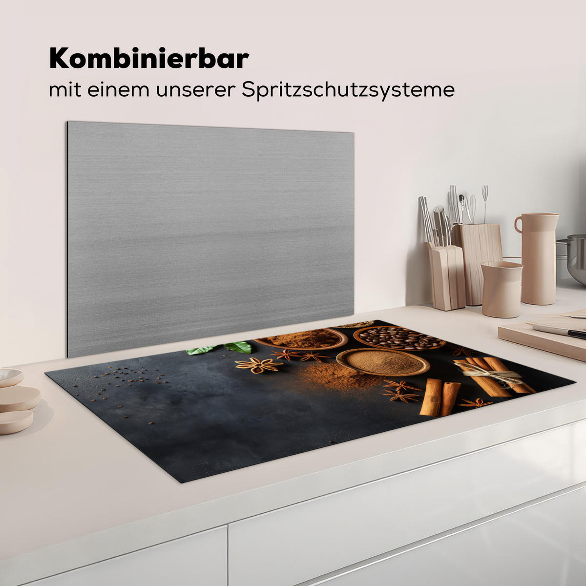 KRYT NA INDUKČNÍ DESKU Skořice - Beton - Káva - Skořicové tyčinky - Koření 90x52 cm - barva mokka, plast (90/52/0.2cm) - MuchoWow