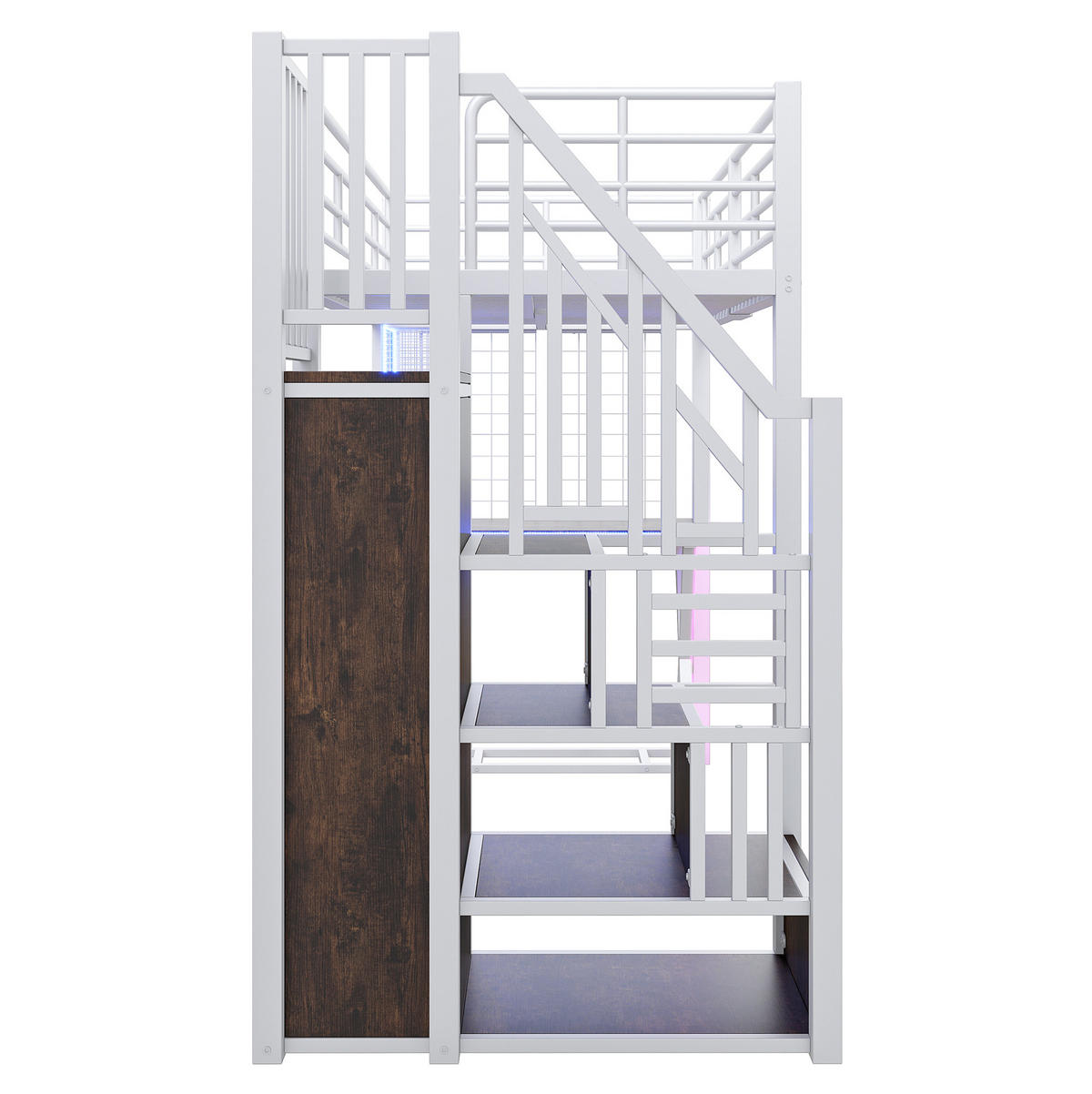 HOCHBETT 90/200 cm mit LED-Beleuchtung, Schreibtisch und Kleiderschrank - Weiß, Metall (90/200cm) - Flora Grace