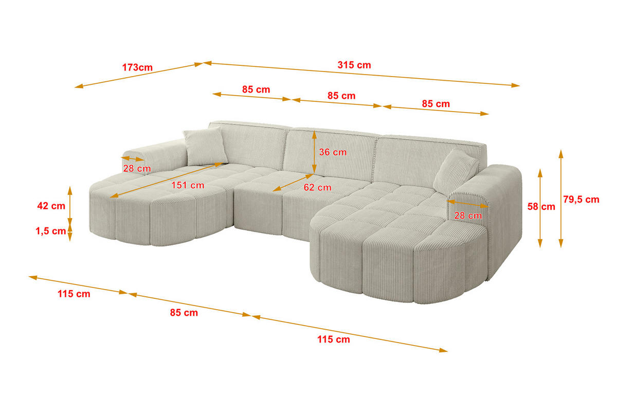 WOHNLANDSCHAFT LIVO-U1 - 315x173x79,5 cm Hellgrau - Hellgrau, Holzwerkstoff/Textil (315/79/173cm) - ALTDECOR