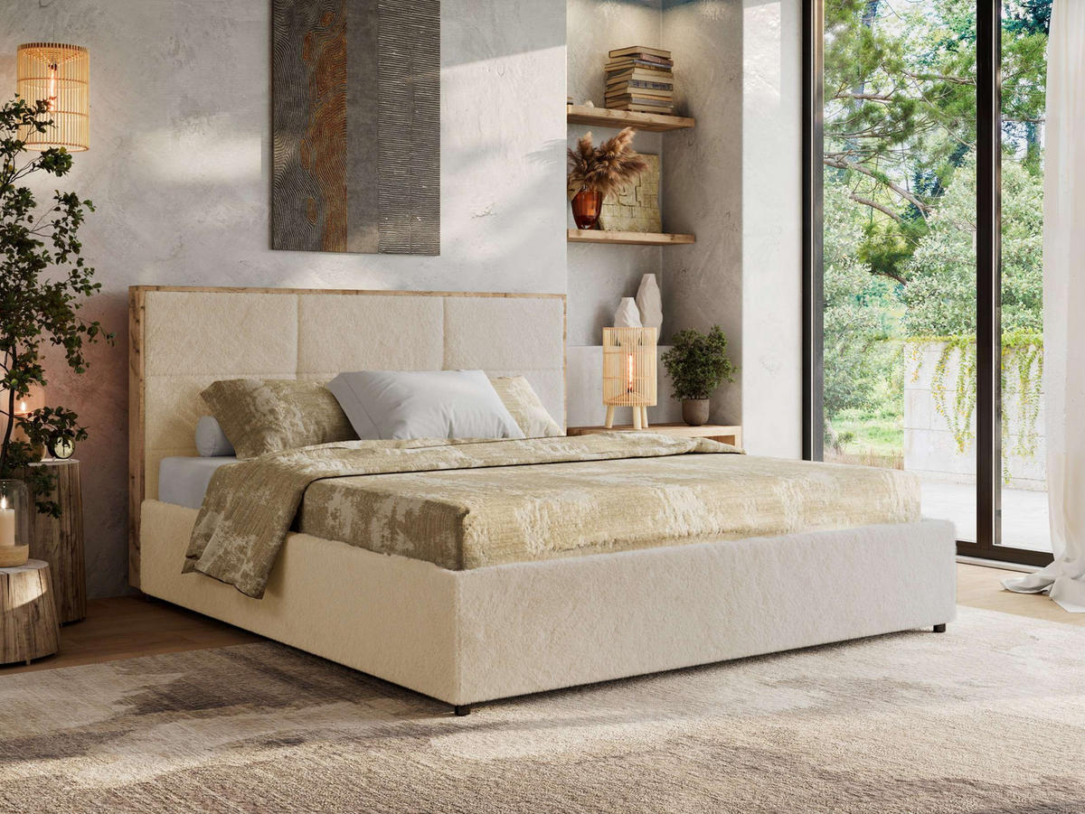 POLSTERBETT LERIO CLASSIC 160/200 - Creme Plüsch - Schaum-Matratze - Creme, Textil (160/200cm) - MKS