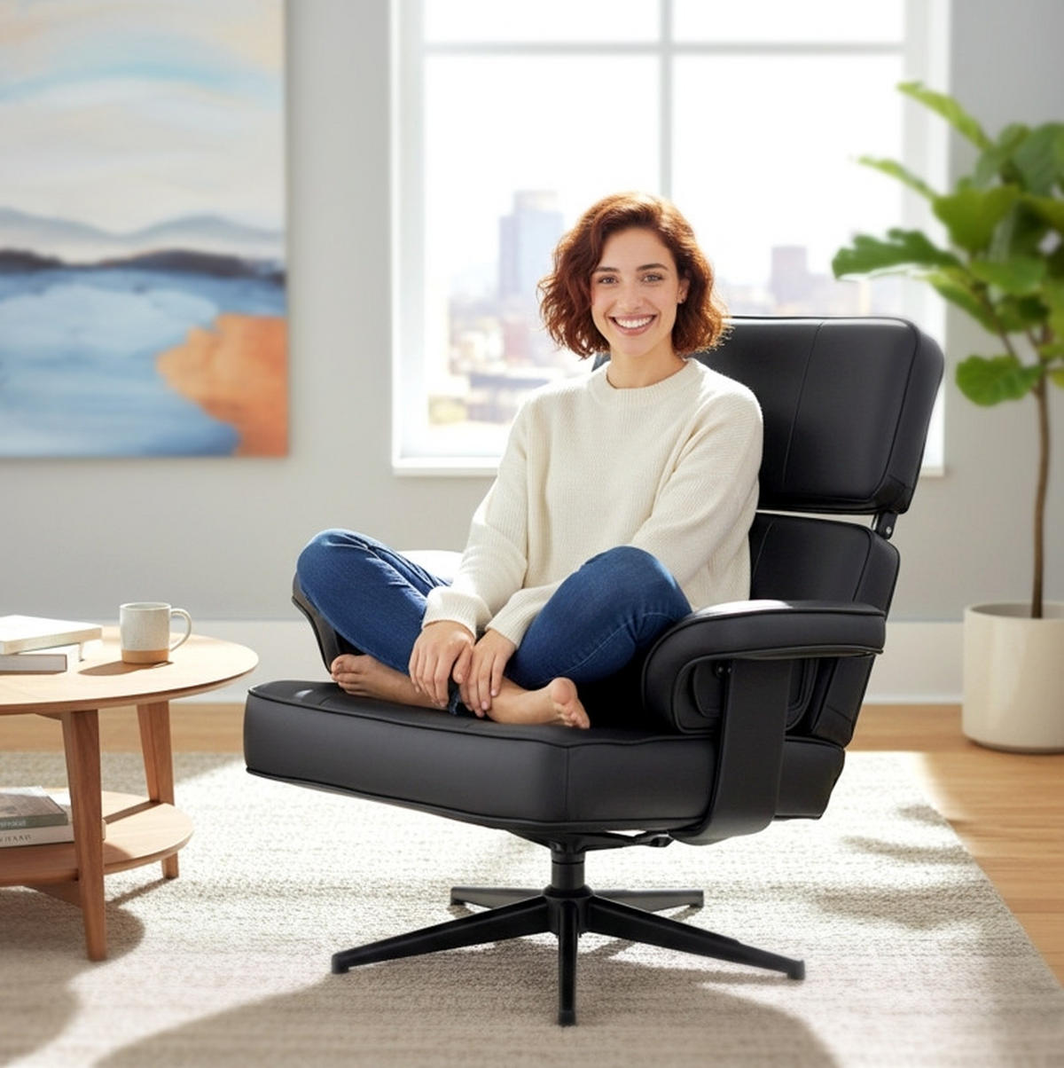 SESSEL 91/79/89 cm in Schwarz mit Fußhocker und verstellbarer Kopfstütze - Schwarz, Kunststoff (91/89/79cm) - BEAOK