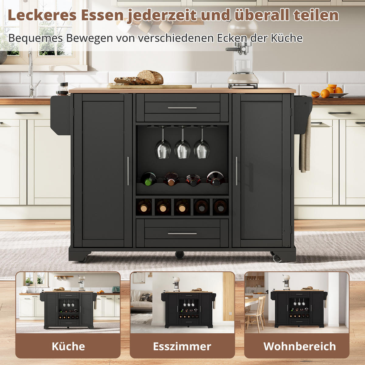 KÜCHENINSEL Schwarz aus MDF mit ausziehbarer Arbeitsplatte 138 × 70 × 92 cm - Schwarz, Holzwerkstoff (138/92/70cm) - Luhomfu