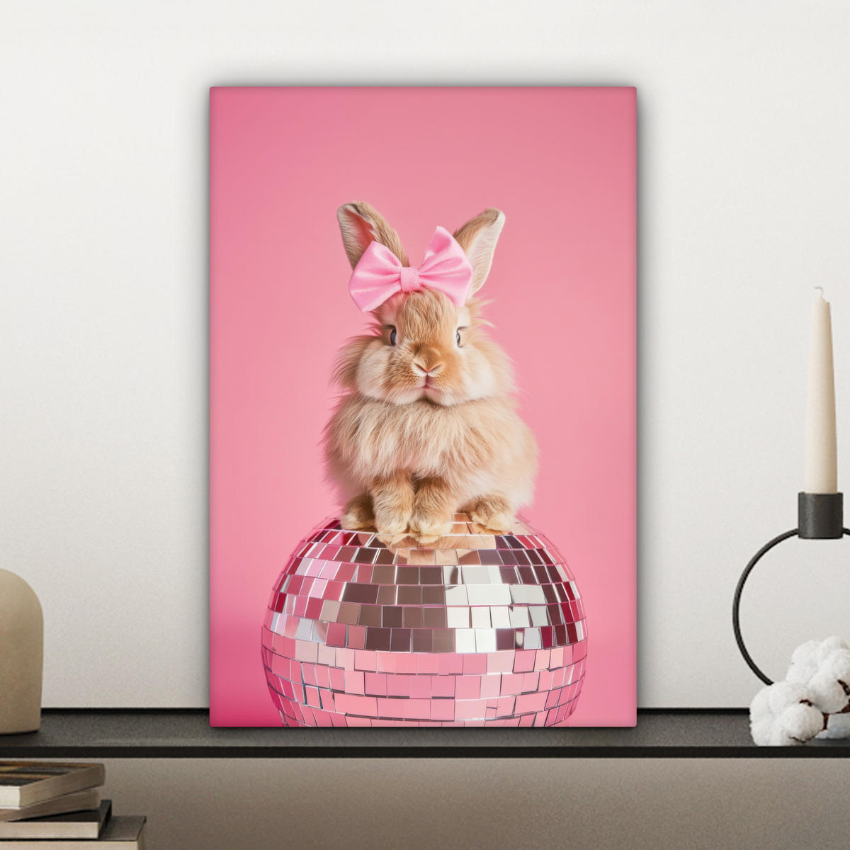 LEINWANDBILD Schleife - Discoball - Kaninchen Deko Wohnzimmer 20x30 cm - Pink, Textil (20/30cm) - MuchoWow