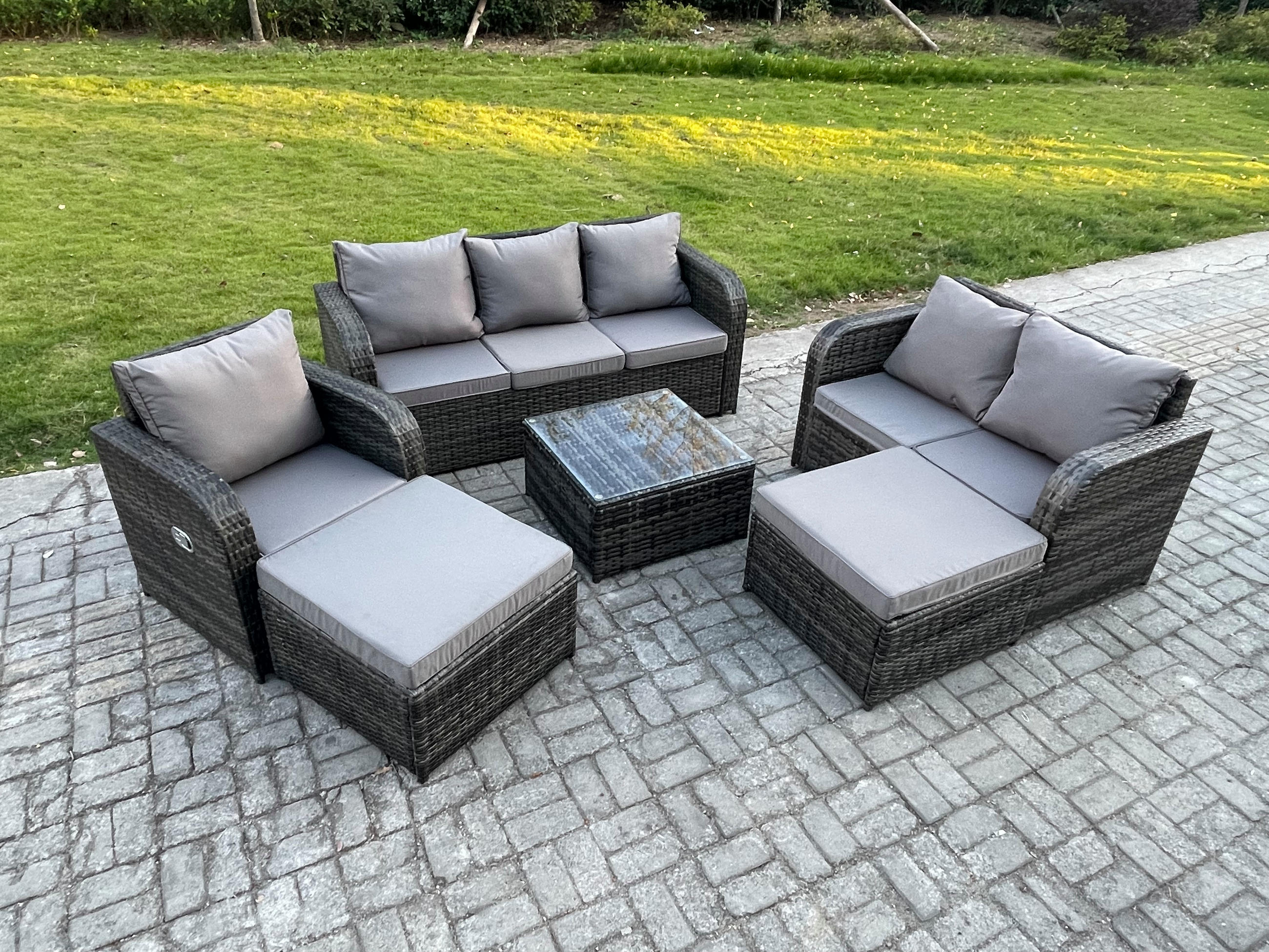 GARTENMÖBEL SET mit 3-SITZER SOFA Polyrattan Dunkelgrau 8-Sitzer - Dunkelgrau/Grau, Glas/Kunststoff - Fimous