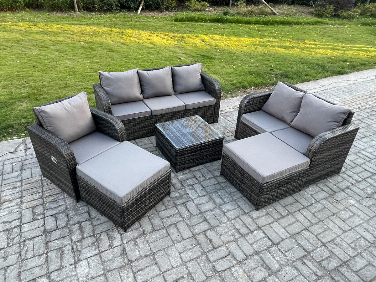 GARTENMÖBEL SET mit 3-SITZER SOFA Polyrattan Dunkelgrau 8-Sitzer - Dunkelgrau/Grau, Glas/Kunststoff - Fimous