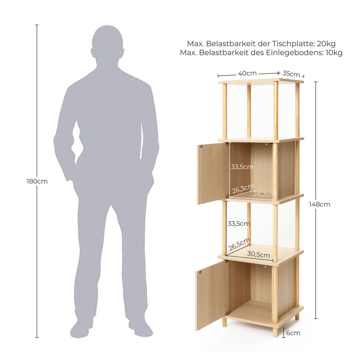 SCHMALES Standregal mit 4 Ablagen und Stauraum, Bücherregal - Alteiche, Holz (35/148/40cm)