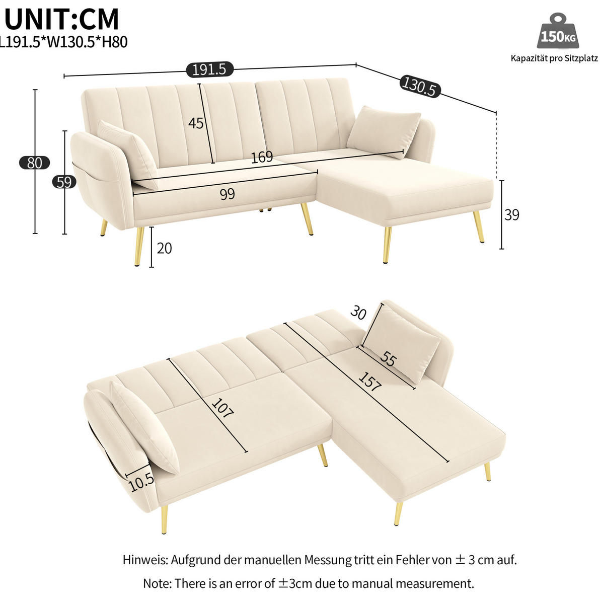 ECKSOFA, Samt mit Schlaffunktion & verstellbarer Rückenlehne, 191,5/130,5/80 cm, Beige - Beige, Textil (130.5/191.5cm) - Redom