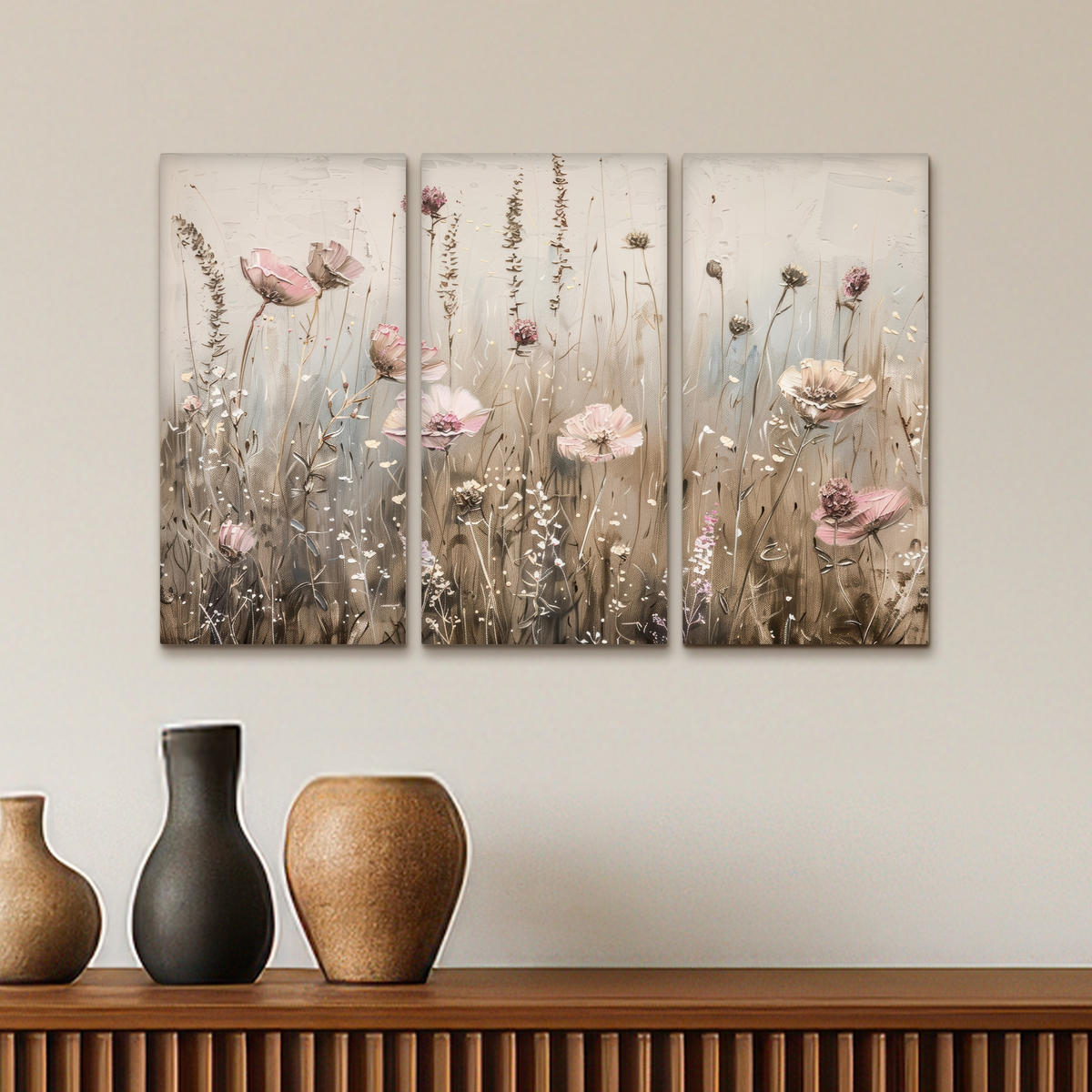 LEINWANDBILD 3er Set Blumen - Beige - Modern - Rosa 60x40 cm - Ecru, Textil (60/40cm) - MuchoWow
