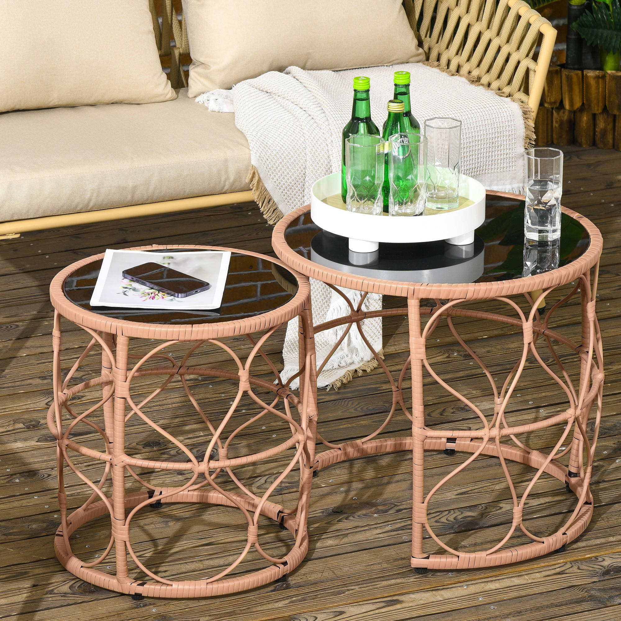 BEISTELLTISCH 2er- Set , für Garten, Balkon, Khaki - Naturfarben, Kunststoff (55/55/51cm) - Outsunny