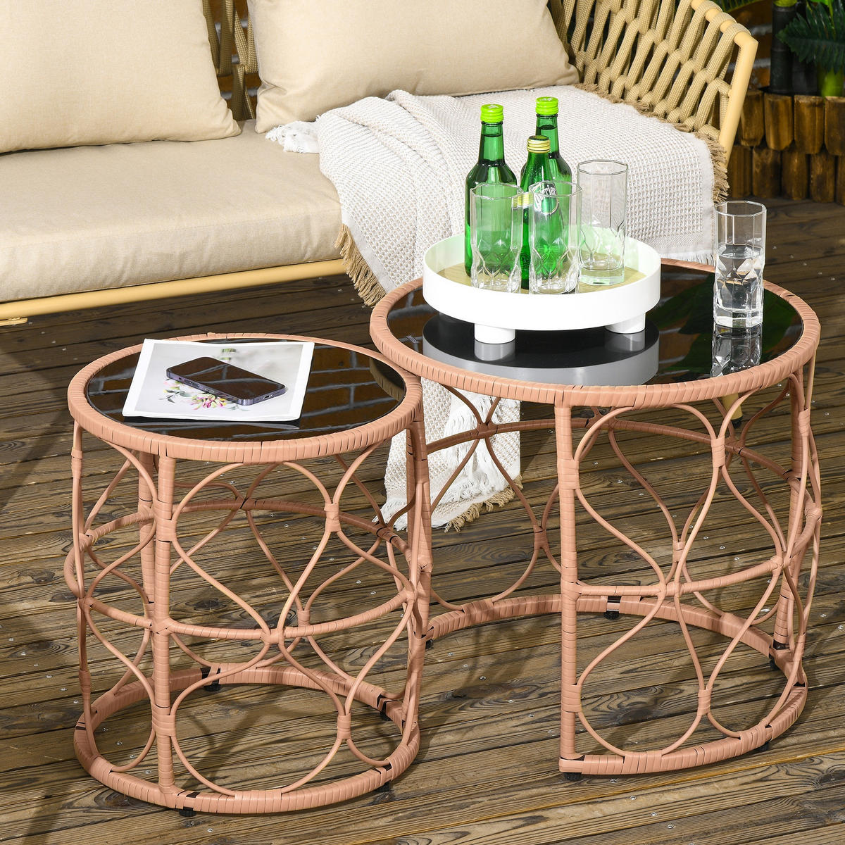 BEISTELLTISCH 2er- Set , für Garten, Balkon, Khaki - Naturfarben, Kunststoff (55/55/51cm) - Outsunny