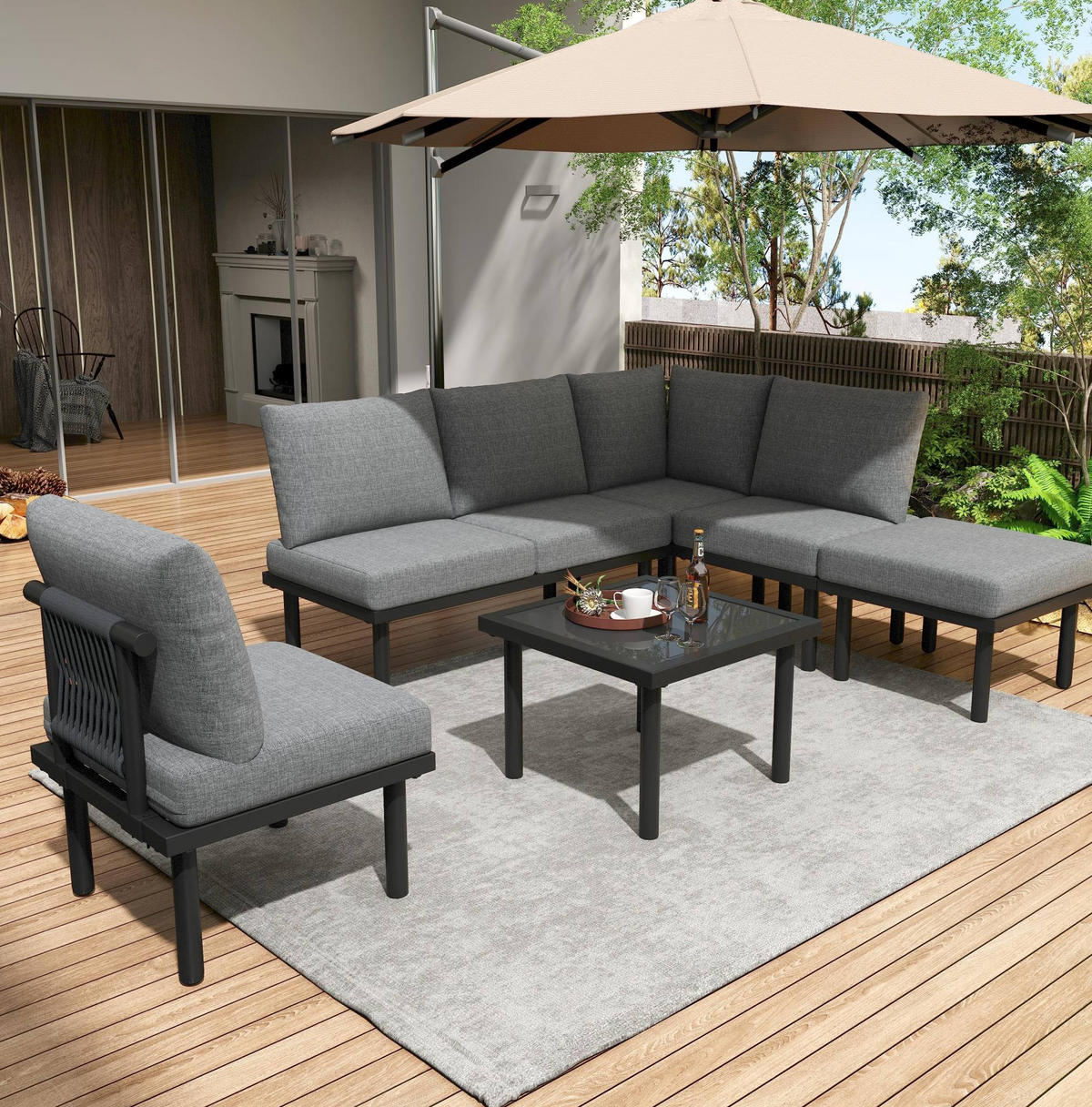 ZAHRADNÍ lounge set šedý z olefinu s pozinkovaným železem a skleněnou deskou - šedá, kov - OKWISH