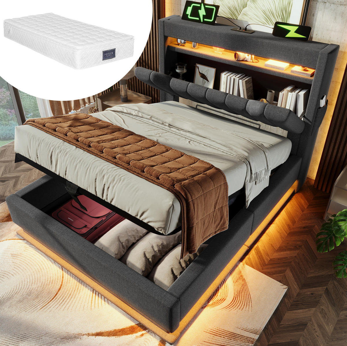 POLSTERBETT 90/200 cm Grau aus Leinen mit Stauraum, LED und Matratze - Grau, Textil (90/200cm) - Flora Grace