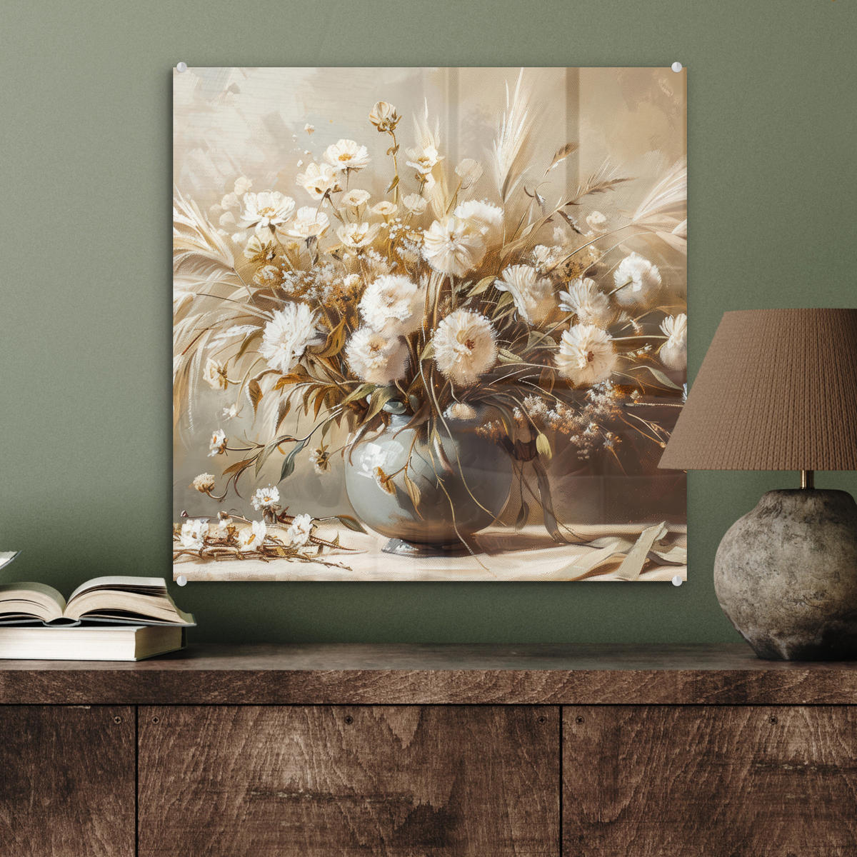 ACRYLGLASBILD Blumen - Vase - Stilleben - Beige 50x50 cm - Creme, Glas (50/50cm) - MuchoWow