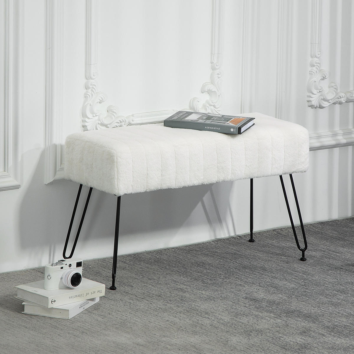 SITZBANK, Polsterbank mit Kunstfell-Optik, Metallbeine, Schuhbank für Flur Creme - Creme, Kunststoff (30/47/82cm) - HOMCOM