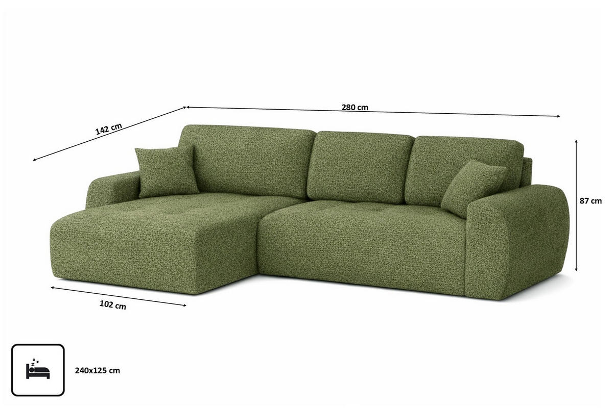 ECKSOFA Mit Schlaffunktion Und Bettkasten L-Form Ivo XL, Chenille-Stoff Artico, Moss, Links - Grün, Holz (280/142cm) - Kaiser Möbel
