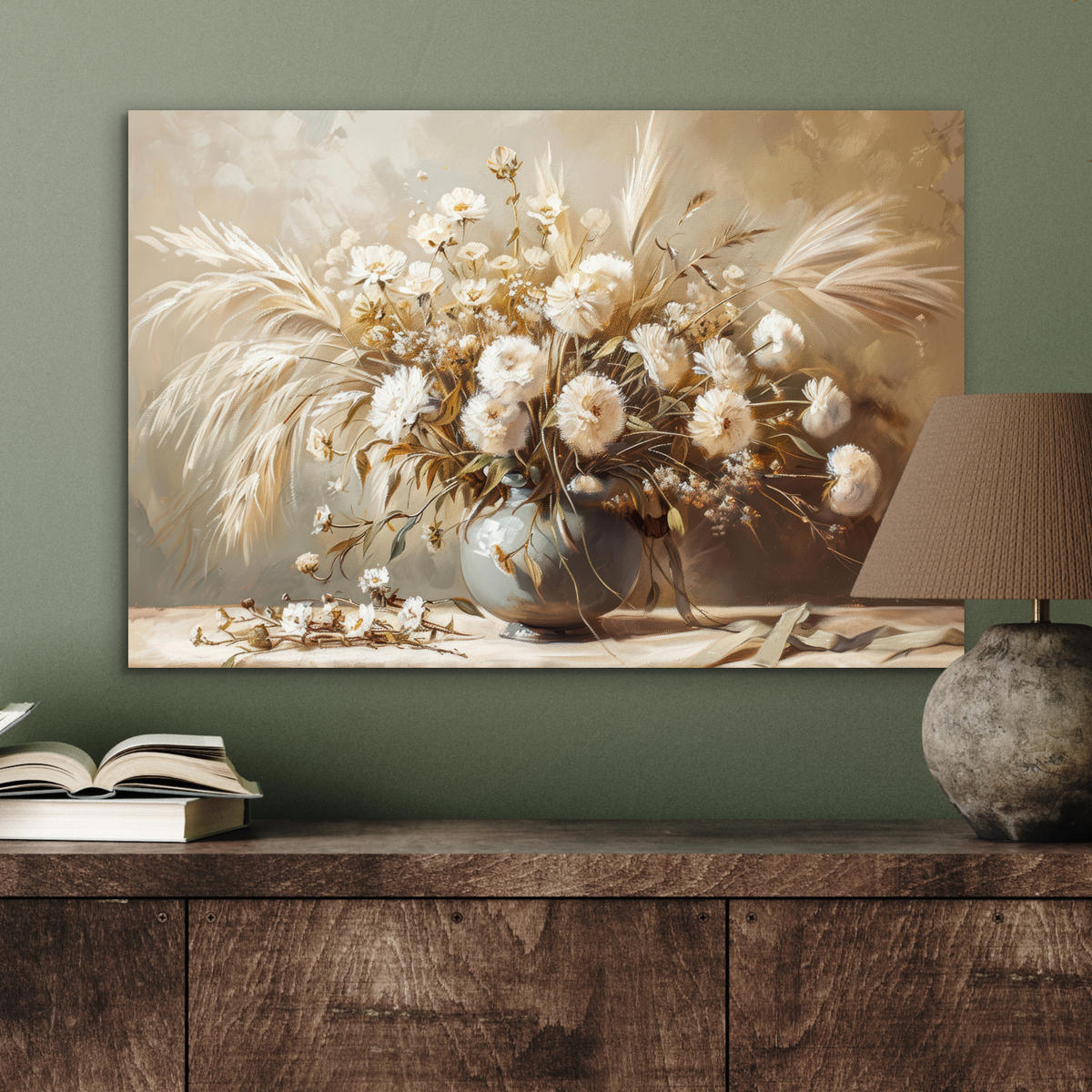METALLBILD Blumen - Vase - Stilleben - Beige 60x40 cm - Creme, Metall (60/40cm) - MuchoWow