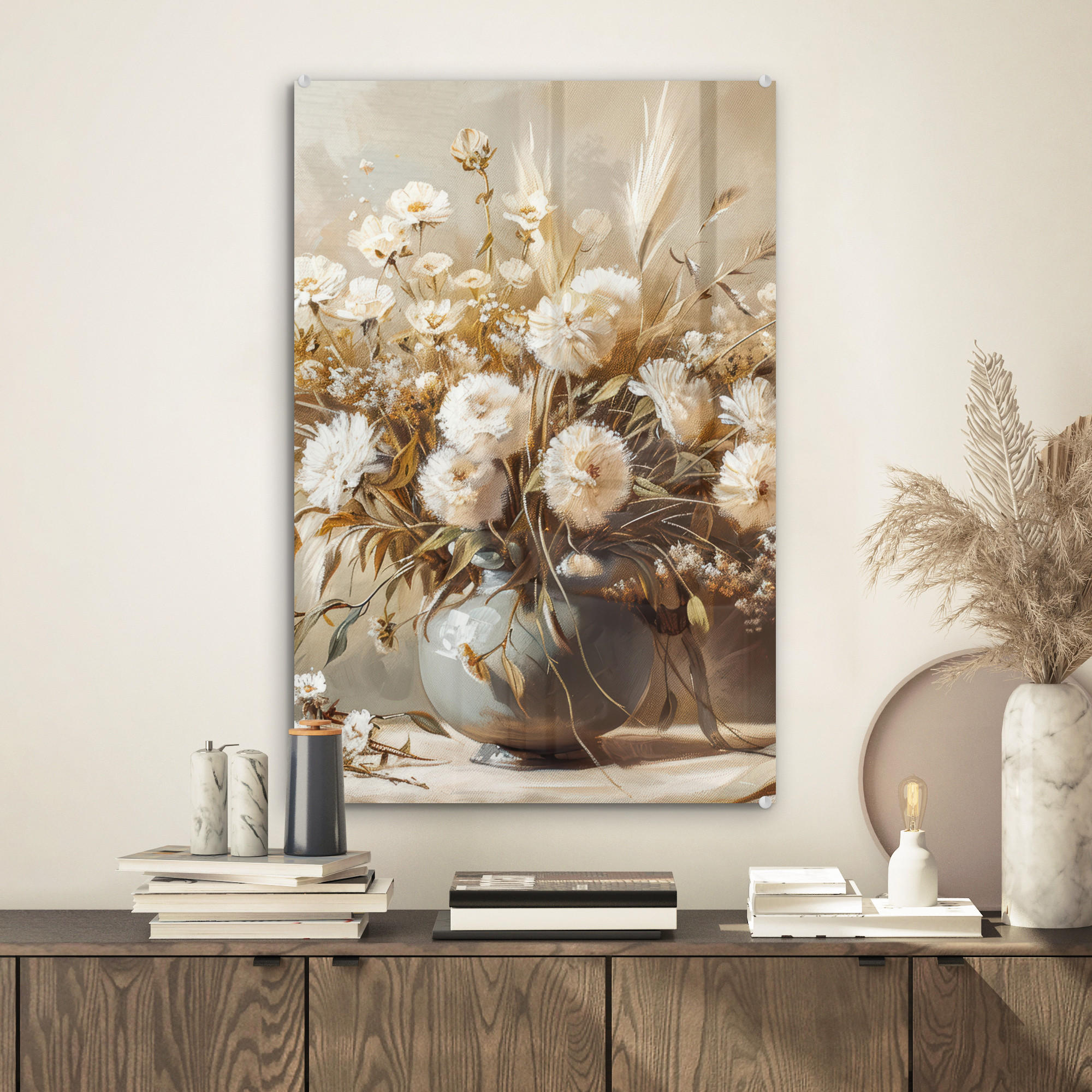 ACRYLGLASBILD Blumen - Vase - Stilleben - Beige 40x60 cm - Creme, Glas (40/60cm) - MuchoWow