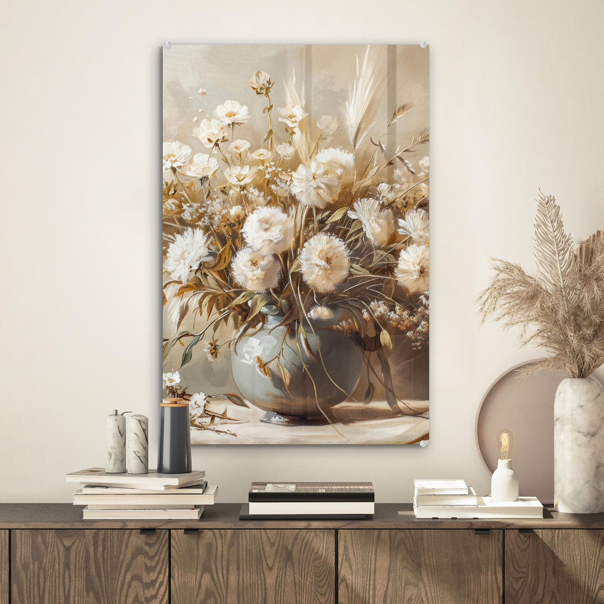 ACRYLGLASBILD Blumen - Vase - Stilleben - Beige 40x60 cm - Creme, Glas (40/60cm) - MuchoWow