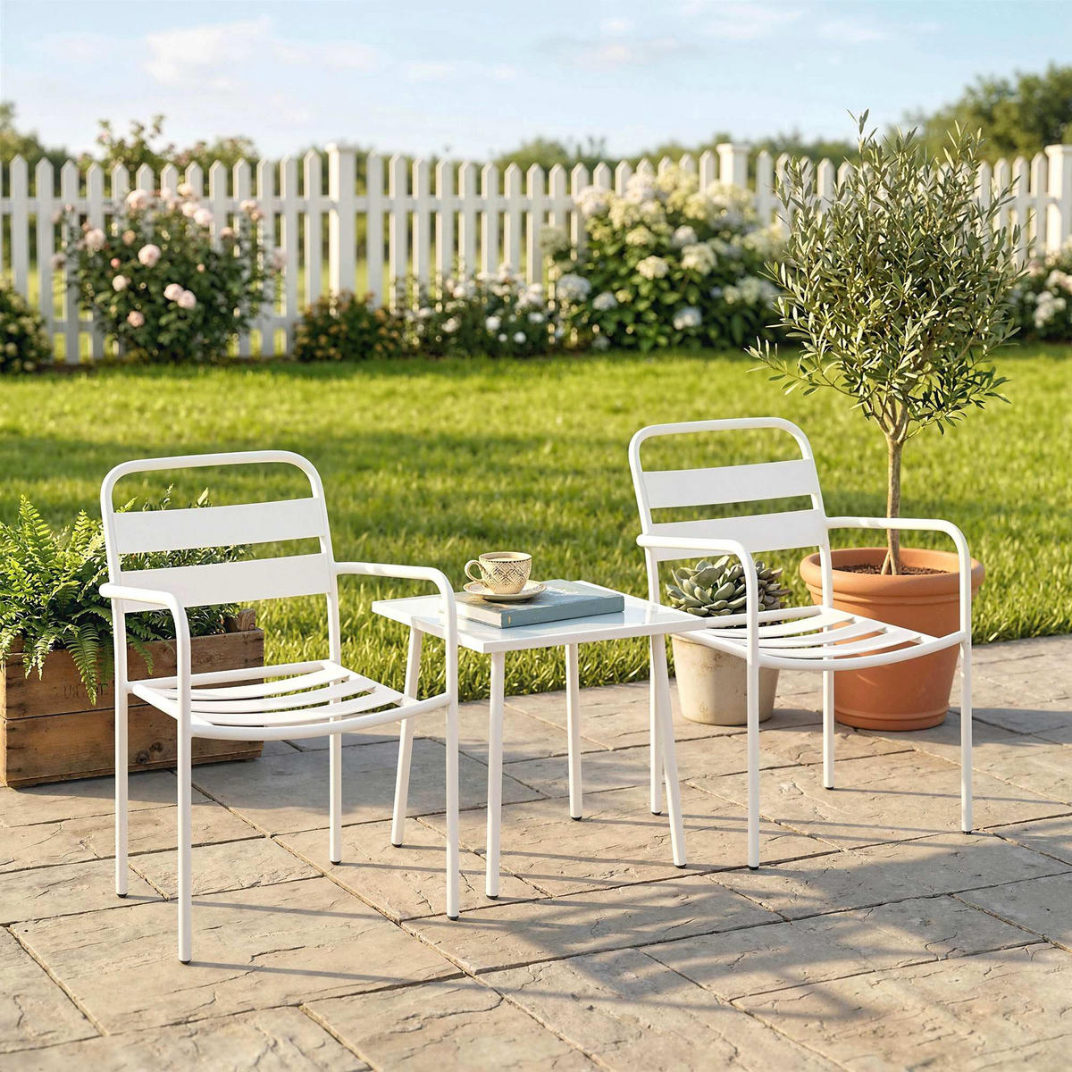 BISTROSET DE-07326 mit Glastisch und Lamellen-Design Weiß - Weiß, Glas/Metall - ComfortXL