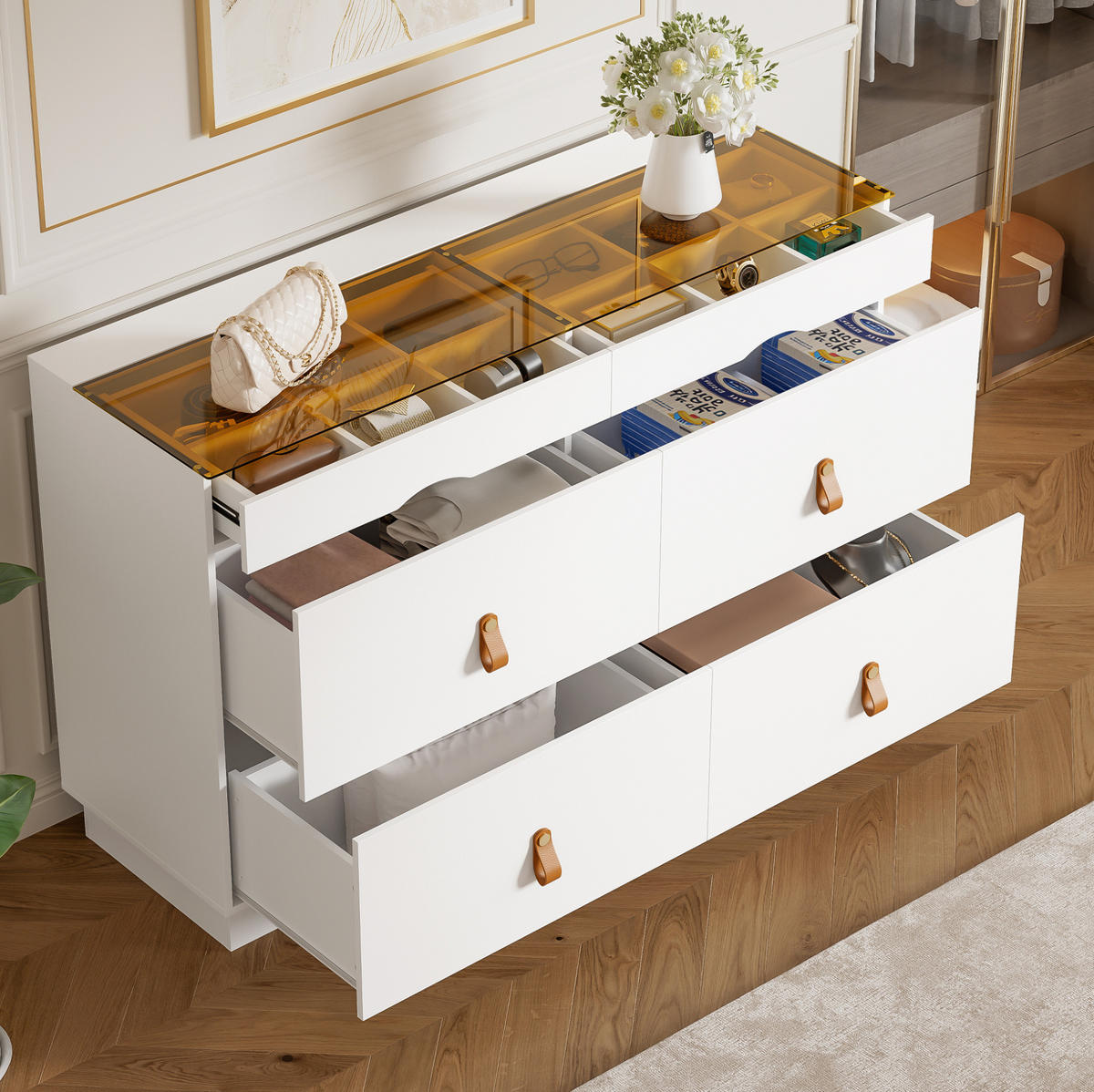 SIDEBOARD 120/78/40 cm Weiß aus Glas und Spanplatte mit 6 Schubladen - Weiß, Glas (40/78/120cm) - OKMYHOME