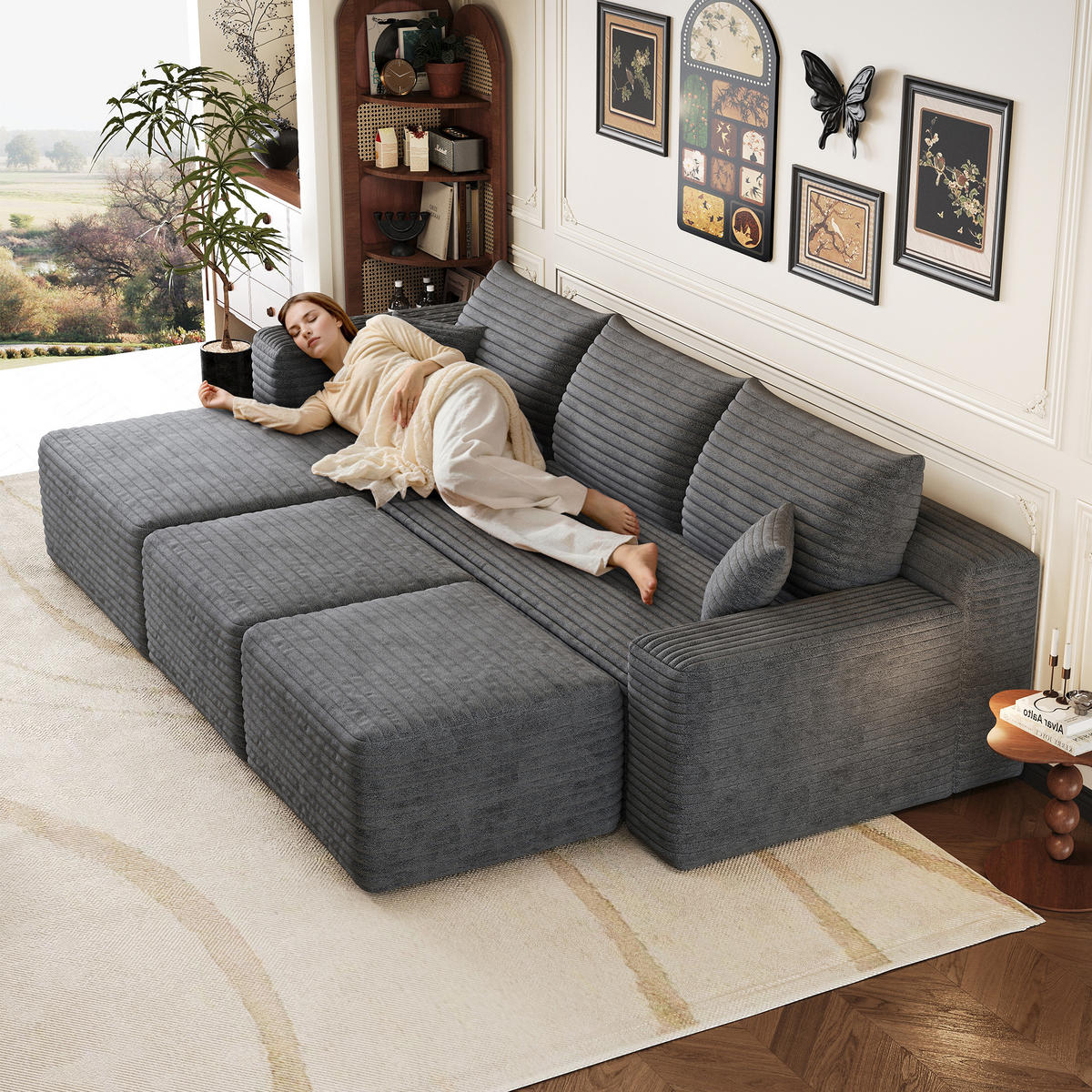 WOHNLANDSCHAFT Cord Dunkelgrau - Grau, Textil (241/58/151cm) - WISHDOR