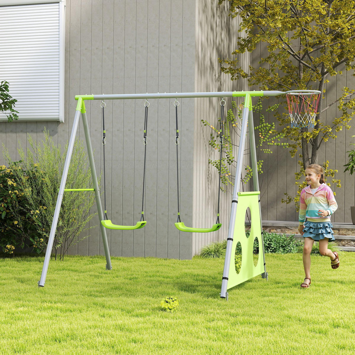 SCHAUKELGESTELL Outdoor Schaukelgerüst mit Schaukel, Basketballkorb, Fußballtor - Grün, Metall (180/238cm) - AIYAPLAY